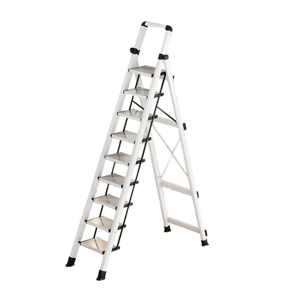 GROVIA 7/8/9 Step Carbon Steel Folding Ladder - 150kg Capacity, Foldable to 5cm, Anti-Slip Base - White