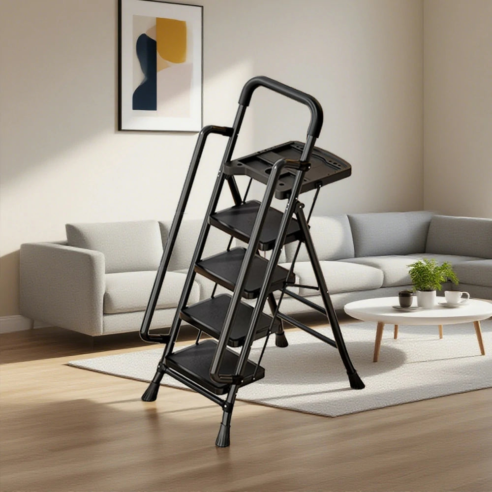 GROVIA 4/5/6 Step Carbon Steel Folding Handrail Ladder - Tool Tray, 26cm Wide Pedals, Foldable to 10cm, Anti-Slip Feet - Black