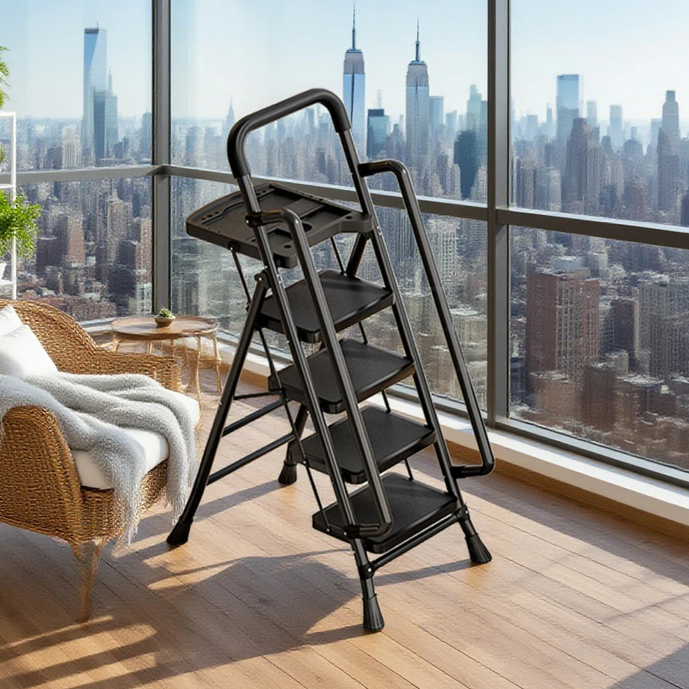 GROVIA 4/5/6 Step Carbon Steel Folding Handrail Ladder - Tool Tray, 26cm Wide Pedals, Foldable to 10cm, Anti-Slip Feet - Black