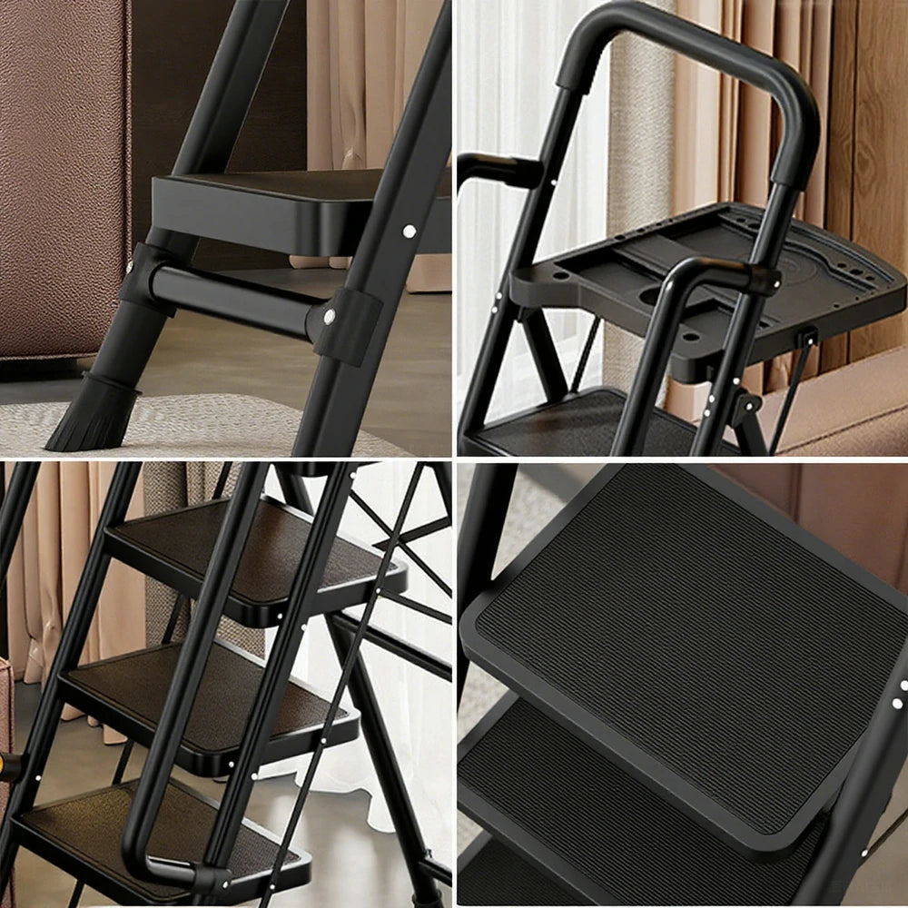 GROVIA 4/5/6 Step Carbon Steel Folding Handrail Ladder - Tool Tray, 26cm Wide Pedals, Foldable to 10cm, Anti-Slip Feet - Black