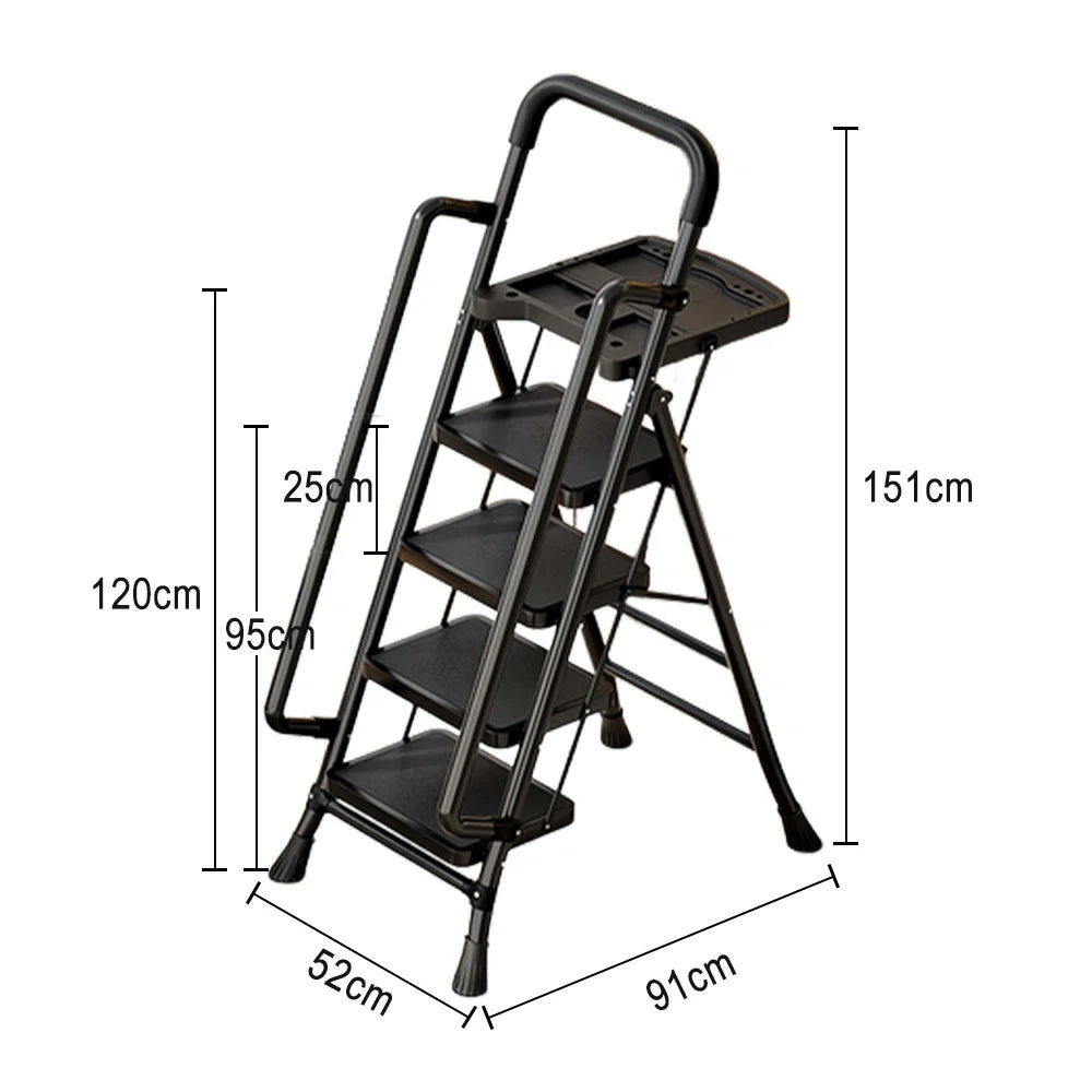 GROVIA 4/5/6 Step Carbon Steel Folding Handrail Ladder - Tool Tray, 26cm Wide Pedals, Foldable to 10cm, Anti-Slip Feet - Black