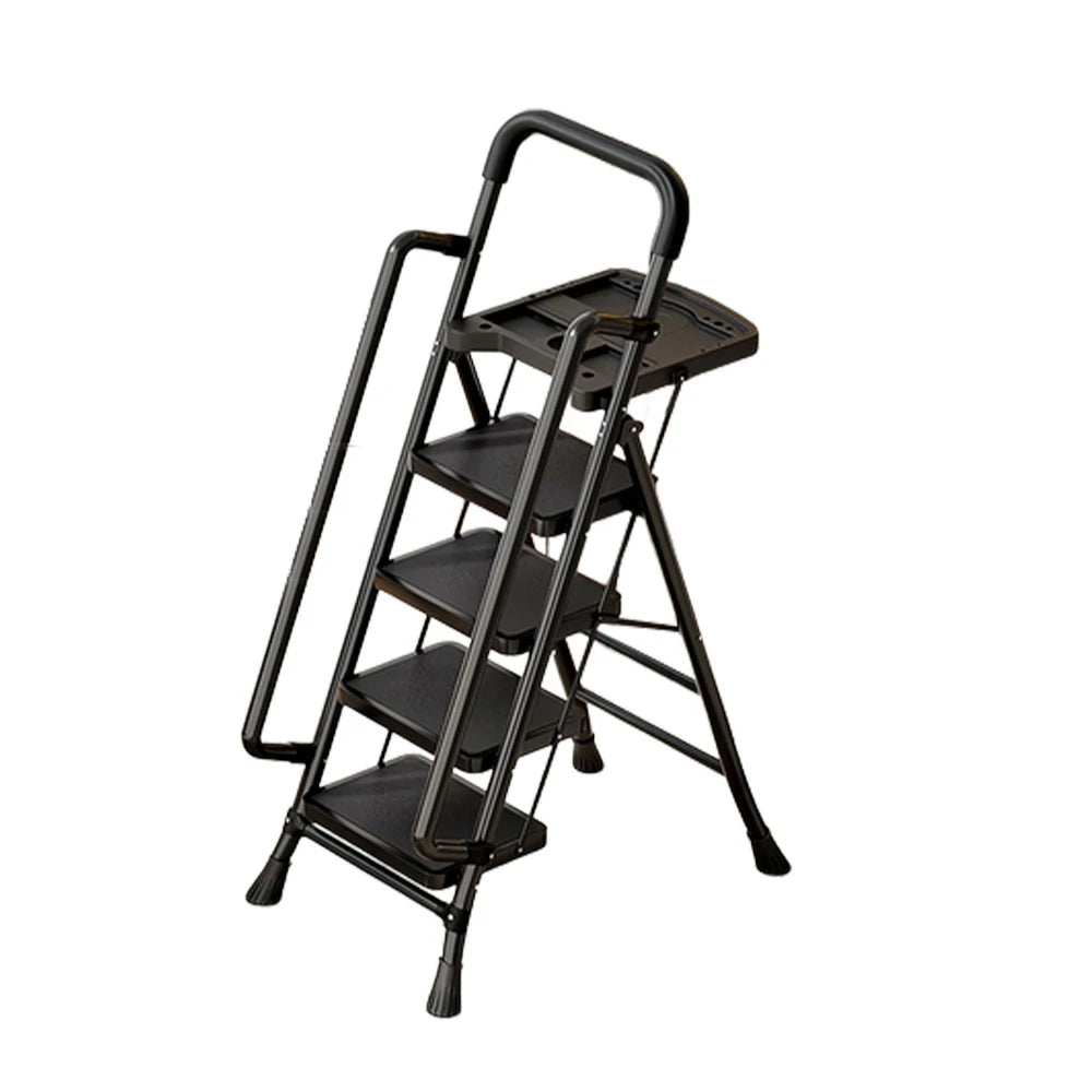 GROVIA 4/5/6 Step Carbon Steel Folding Handrail Ladder - Tool Tray, 26cm Wide Pedals, Foldable to 10cm, Anti-Slip Feet - Black