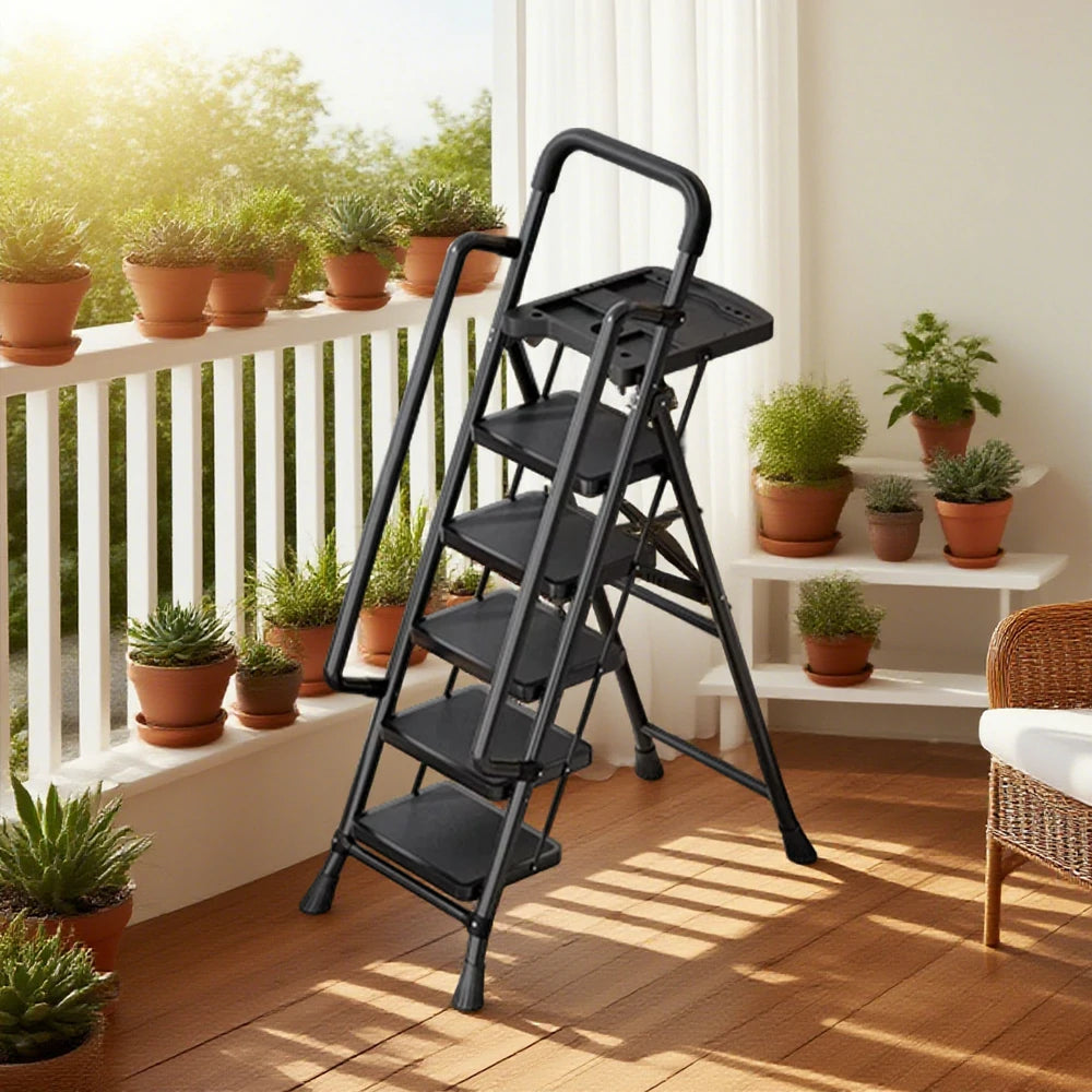 GROVIA 4/5/6 Step Carbon Steel Folding Handrail Ladder - Tool Tray, 26cm Wide Pedals, Foldable to 10cm, Anti-Slip Feet - Black