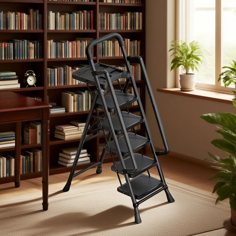 GROVIA 4/5/6 Step Carbon Steel Folding Handrail Ladder - Tool Tray, 26cm Wide Pedals, Foldable to 10cm, Anti-Slip Feet - Black