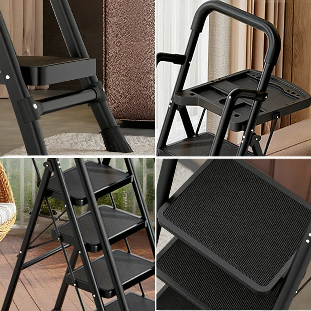 GROVIA 4/5/6 Step Carbon Steel Folding Handrail Ladder - Tool Tray, 26cm Wide Pedals, Foldable to 10cm, Anti-Slip Feet - Black