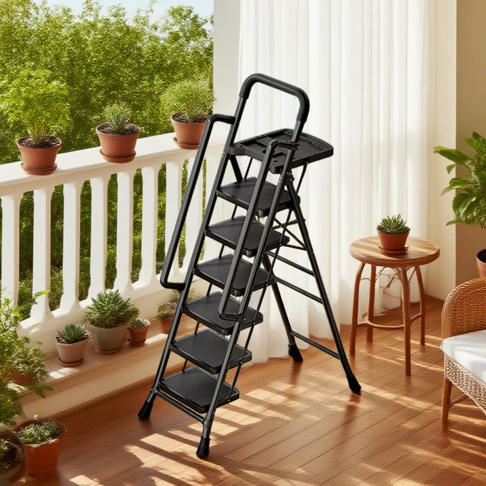 GROVIA 4/5/6 Step Carbon Steel Folding Handrail Ladder - Tool Tray, 26cm Wide Pedals, Foldable to 10cm, Anti-Slip Feet - Black