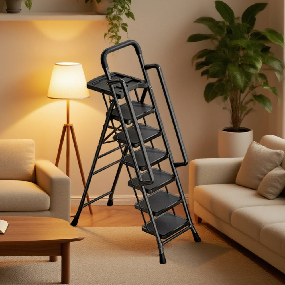 GROVIA 4/5/6 Step Carbon Steel Folding Handrail Ladder - Tool Tray, 26cm Wide Pedals, Foldable to 10cm, Anti-Slip Feet - Black