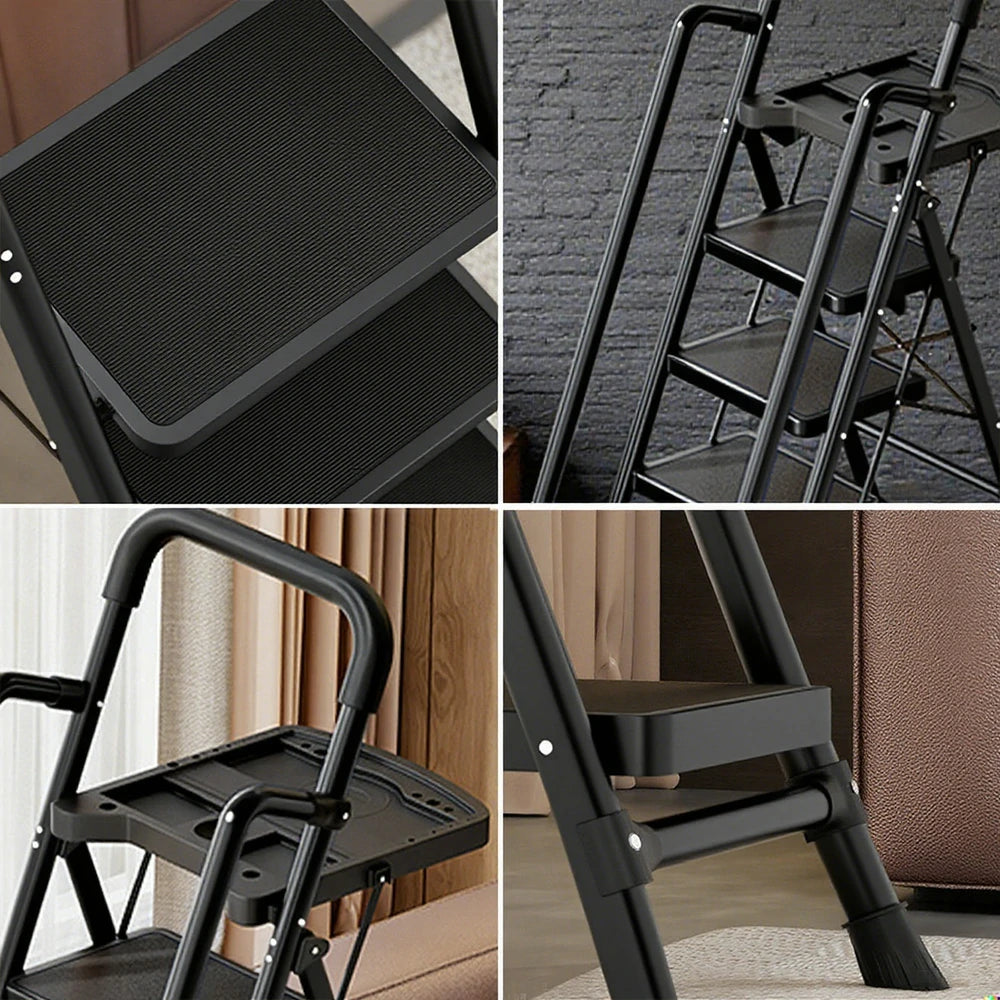 GROVIA 4/5/6 Step Carbon Steel Folding Handrail Ladder - Tool Tray, 26cm Wide Pedals, Foldable to 10cm, Anti-Slip Feet - Black