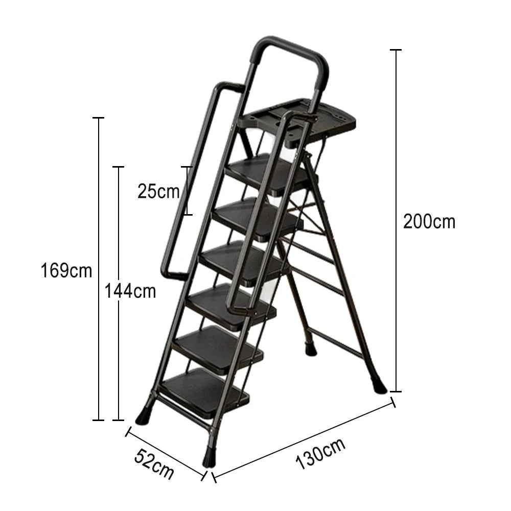 GROVIA 4/5/6 Step Carbon Steel Folding Handrail Ladder - Tool Tray, 26cm Wide Pedals, Foldable to 10cm, Anti-Slip Feet - Black