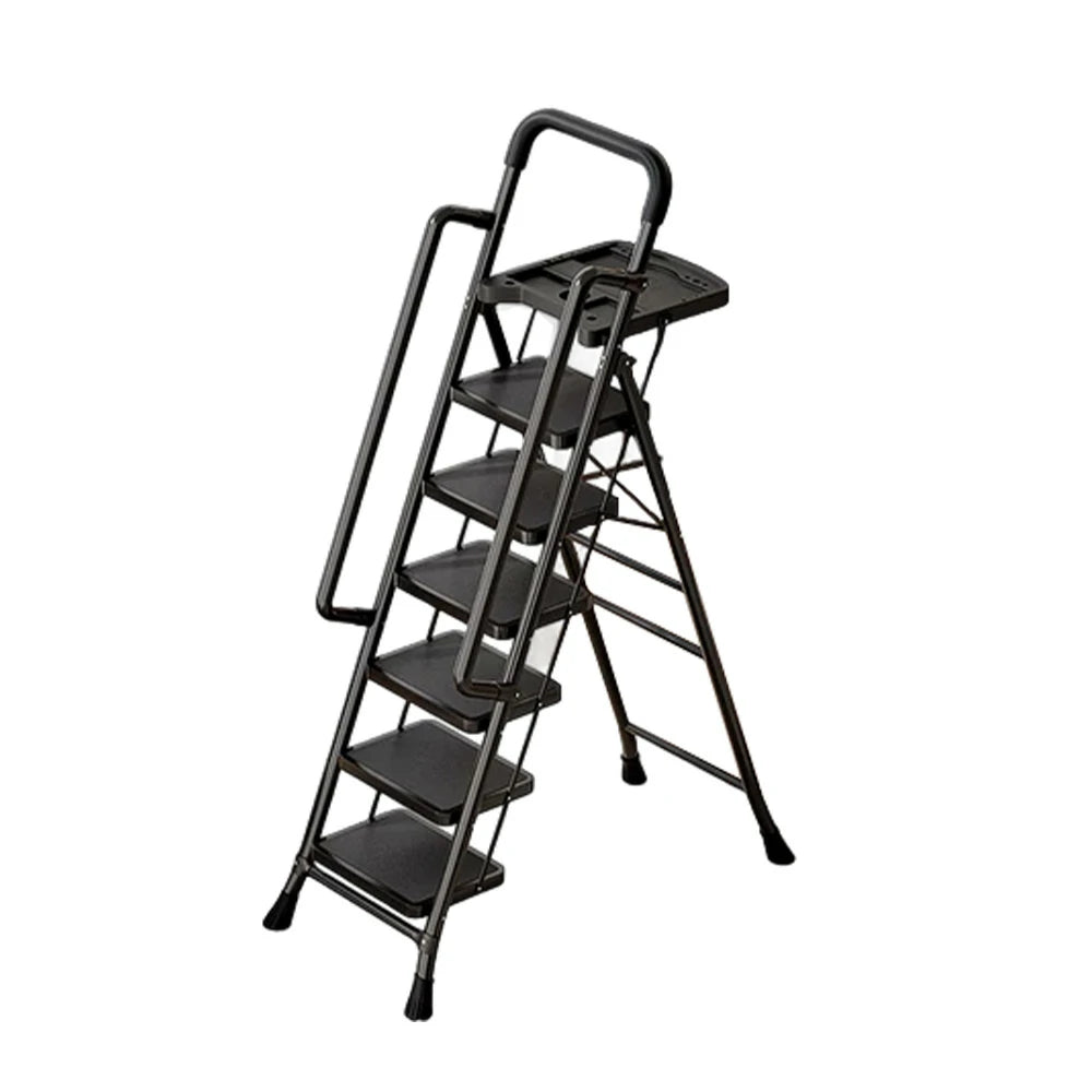 GROVIA 4/5/6 Step Carbon Steel Folding Handrail Ladder - Tool Tray, 26cm Wide Pedals, Foldable to 10cm, Anti-Slip Feet - Black