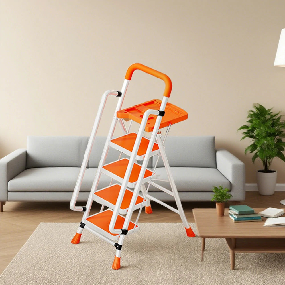 GROVIA 4/5/6 Step Carbon Steel Folding Handrail Ladder - Tool Tray, 26cm Wide Pedals, Foldable to 10cm, Anti-Slip Feet - Orange