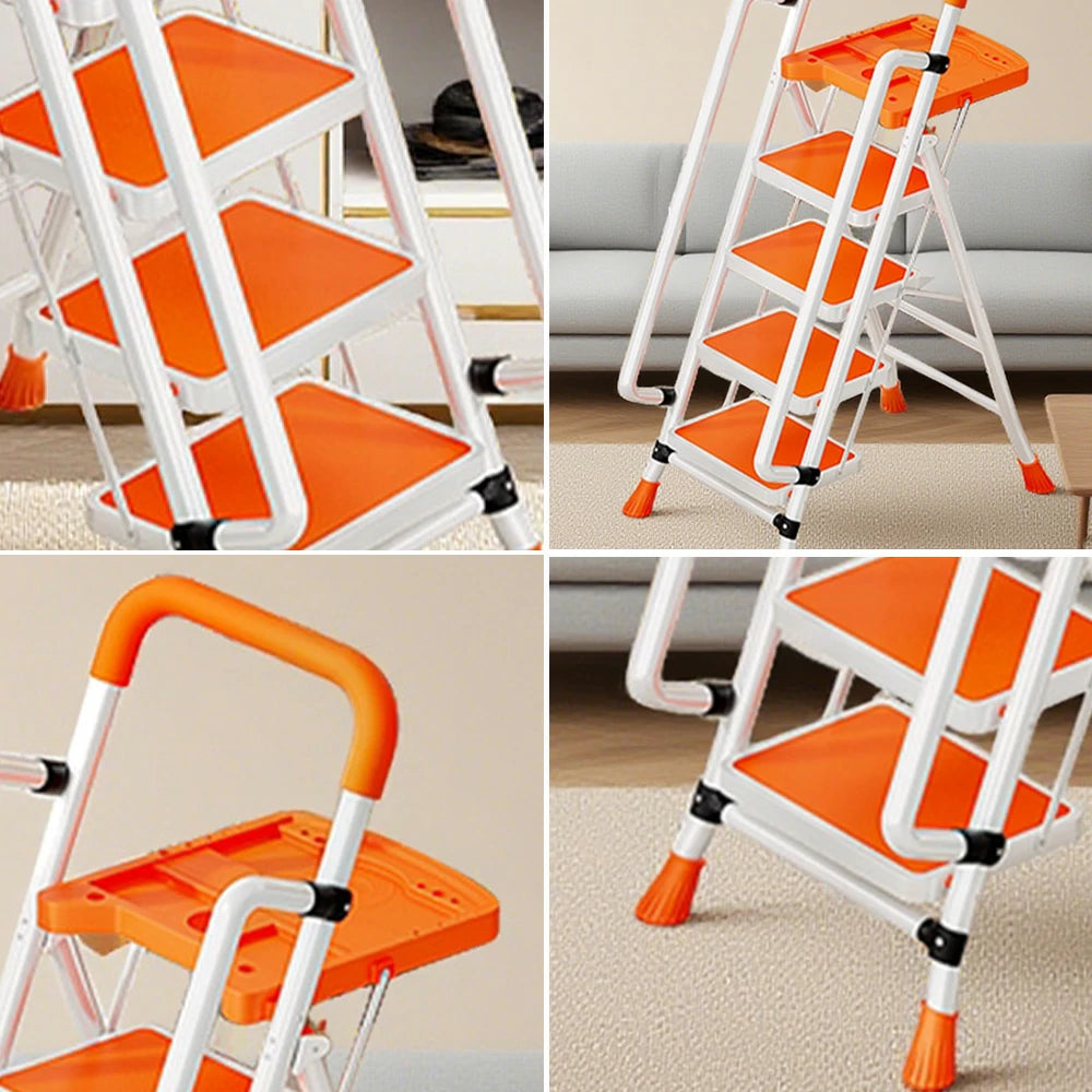 GROVIA 4/5/6 Step Carbon Steel Folding Handrail Ladder - Tool Tray, 26cm Wide Pedals, Foldable to 10cm, Anti-Slip Feet - Orange