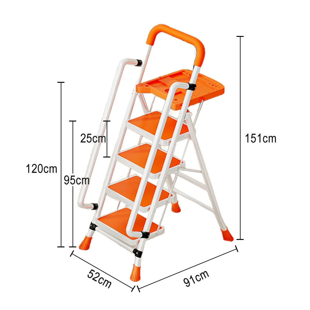 GROVIA 4/5/6 Step Carbon Steel Folding Handrail Ladder - Tool Tray, 26cm Wide Pedals, Foldable to 10cm, Anti-Slip Feet - Orange