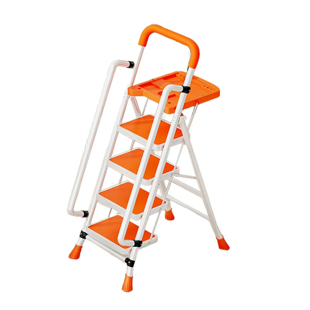 GROVIA 4/5/6 Step Carbon Steel Folding Handrail Ladder - Tool Tray, 26cm Wide Pedals, Foldable to 10cm, Anti-Slip Feet - Orange