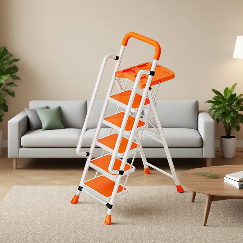 GROVIA 4/5/6 Step Carbon Steel Folding Handrail Ladder - Tool Tray, 26cm Wide Pedals, Foldable to 10cm, Anti-Slip Feet - Orange