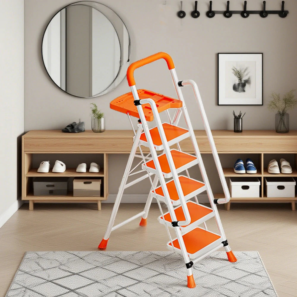 GROVIA 4/5/6 Step Carbon Steel Folding Handrail Ladder - Tool Tray, 26cm Wide Pedals, Foldable to 10cm, Anti-Slip Feet - Orange