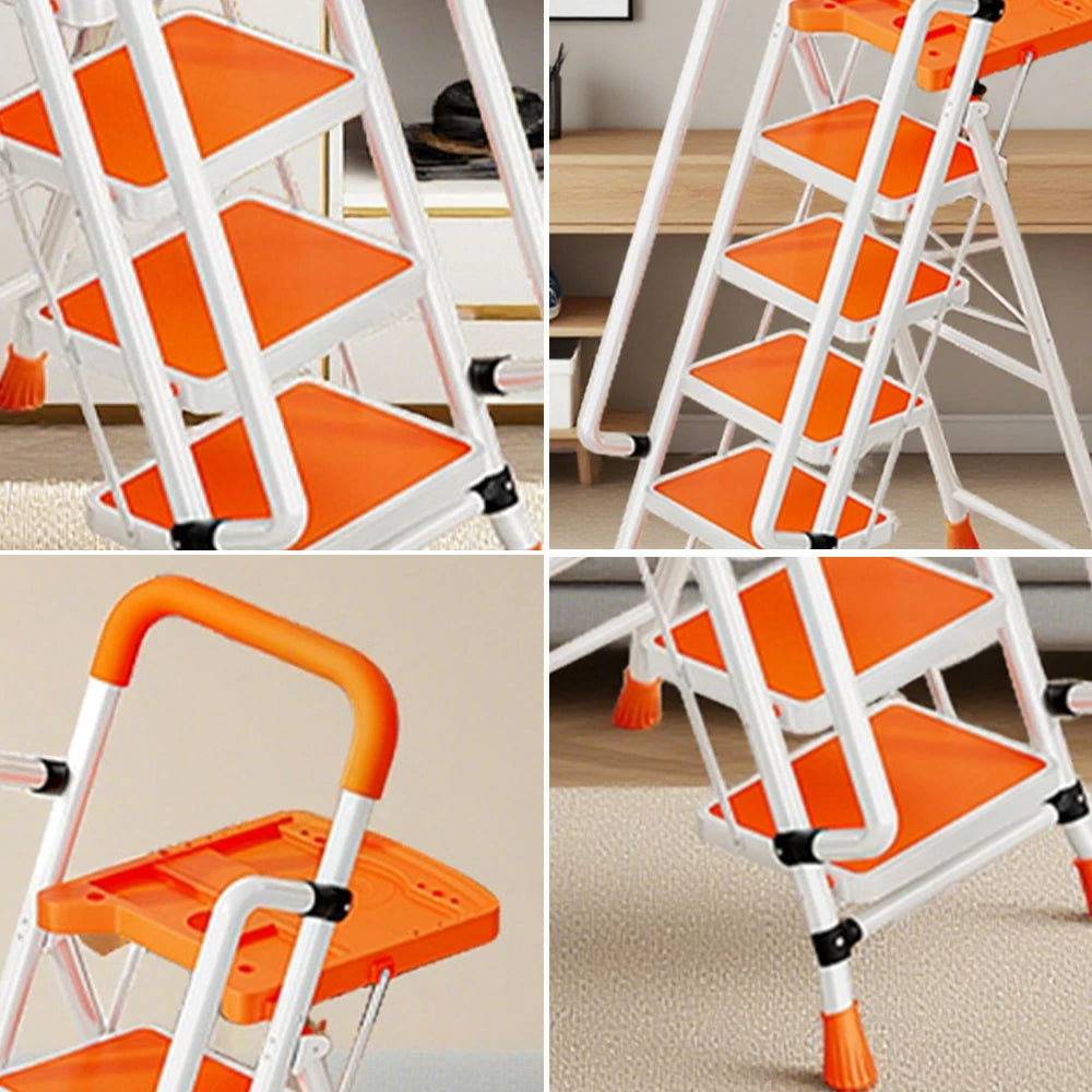 GROVIA 4/5/6 Step Carbon Steel Folding Handrail Ladder - Tool Tray, 26cm Wide Pedals, Foldable to 10cm, Anti-Slip Feet - Orange