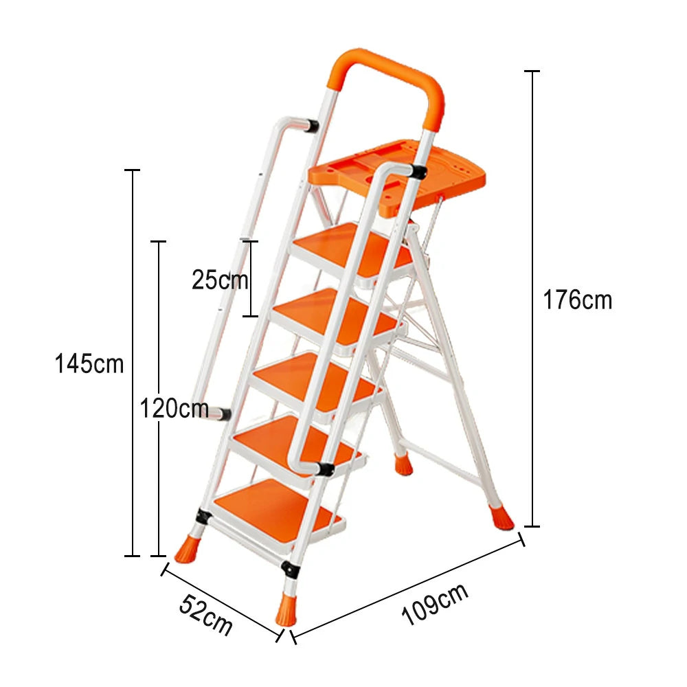 GROVIA 4/5/6 Step Carbon Steel Folding Handrail Ladder - Tool Tray, 26cm Wide Pedals, Foldable to 10cm, Anti-Slip Feet - Orange