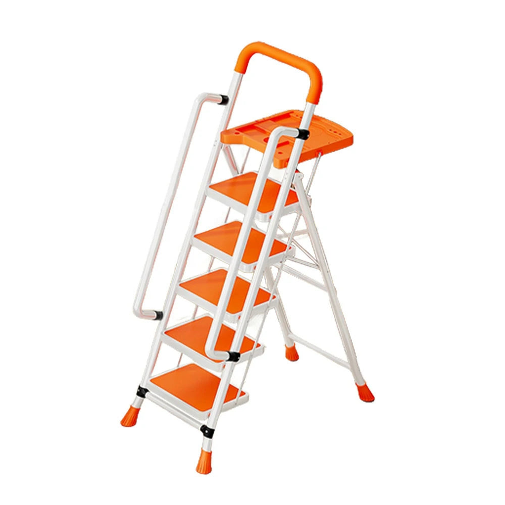 GROVIA 4/5/6 Step Carbon Steel Folding Handrail Ladder - Tool Tray, 26cm Wide Pedals, Foldable to 10cm, Anti-Slip Feet - Orange
