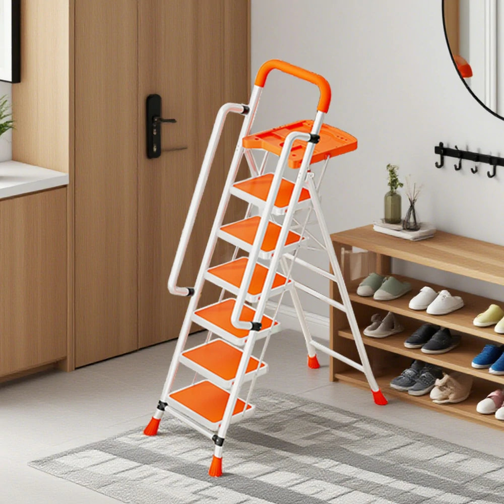 GROVIA 4/5/6 Step Carbon Steel Folding Handrail Ladder - Tool Tray, 26cm Wide Pedals, Foldable to 10cm, Anti-Slip Feet - Orange