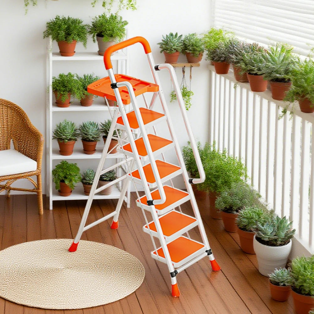 GROVIA 4/5/6 Step Carbon Steel Folding Handrail Ladder - Tool Tray, 26cm Wide Pedals, Foldable to 10cm, Anti-Slip Feet - Orange