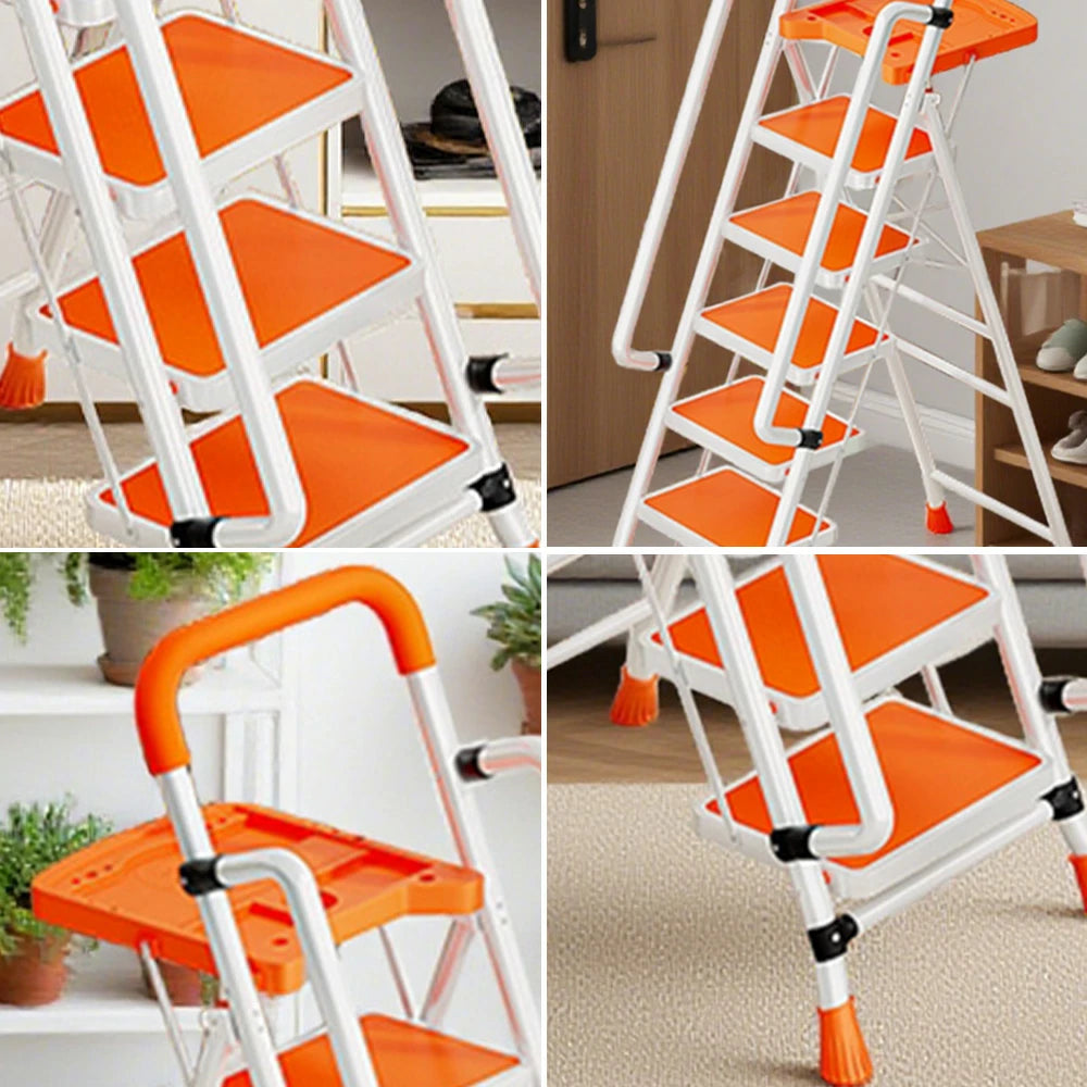 GROVIA 4/5/6 Step Carbon Steel Folding Handrail Ladder - Tool Tray, 26cm Wide Pedals, Foldable to 10cm, Anti-Slip Feet - Orange