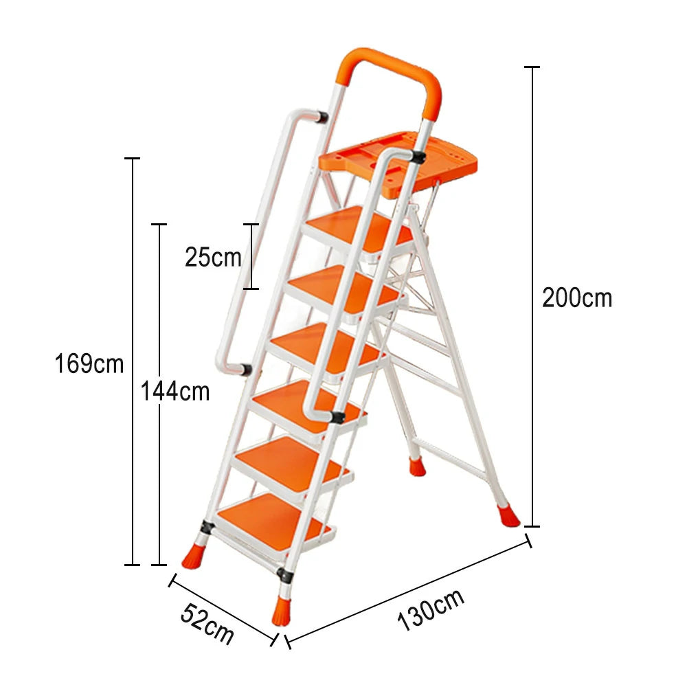 GROVIA 4/5/6 Step Carbon Steel Folding Handrail Ladder - Tool Tray, 26cm Wide Pedals, Foldable to 10cm, Anti-Slip Feet - Orange