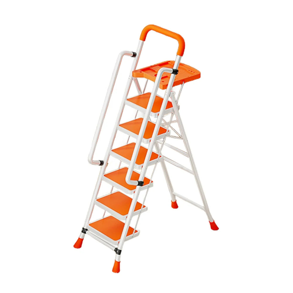 GROVIA 4/5/6 Step Carbon Steel Folding Handrail Ladder - Tool Tray, 26cm Wide Pedals, Foldable to 10cm, Anti-Slip Feet - Orange