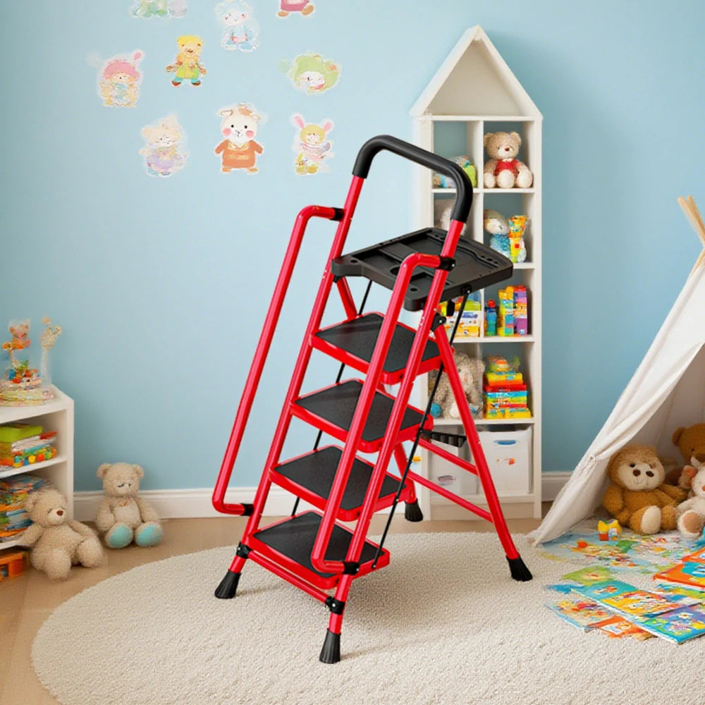 GROVIA 4/5/6 Step Carbon Steel Folding Handrail Ladder - Tool Tray, 26cm Wide Pedals, Foldable to 10cm, Anti-Slip Feet - Red