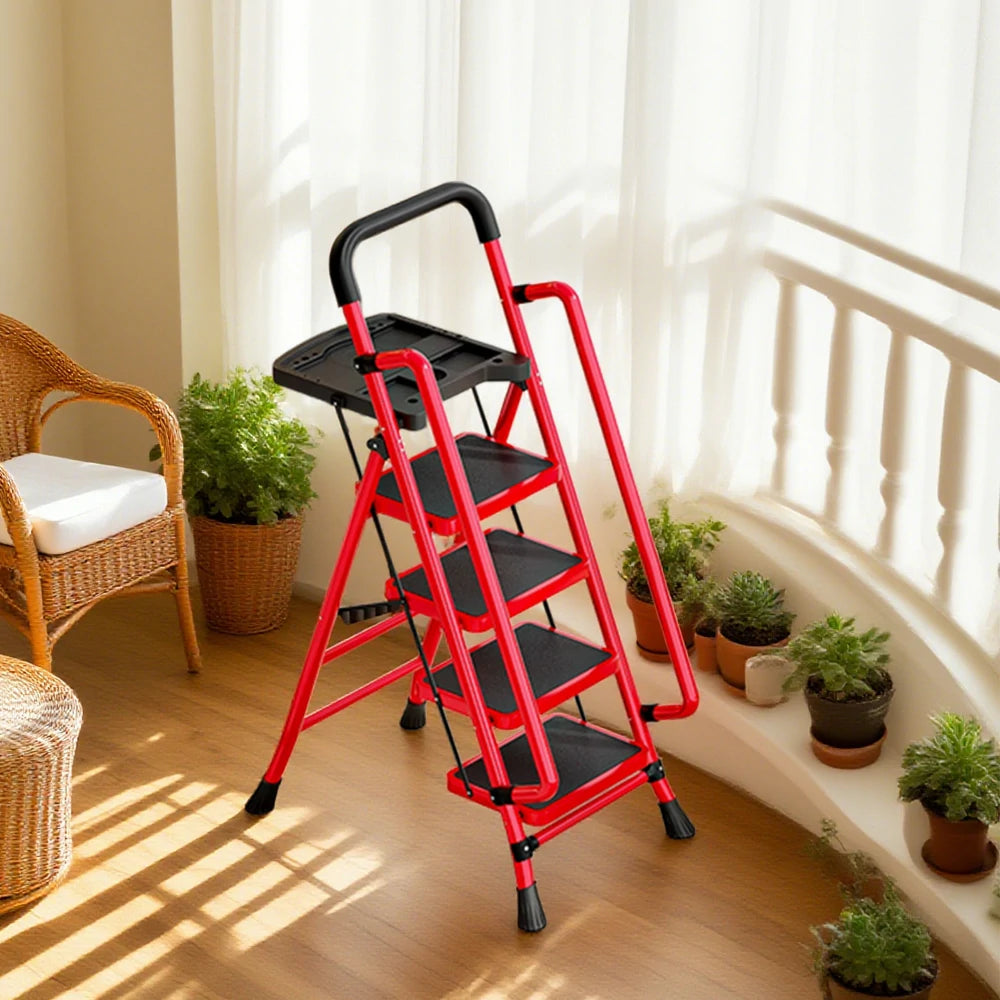 GROVIA 4/5/6 Step Carbon Steel Folding Handrail Ladder - Tool Tray, 26cm Wide Pedals, Foldable to 10cm, Anti-Slip Feet - Red
