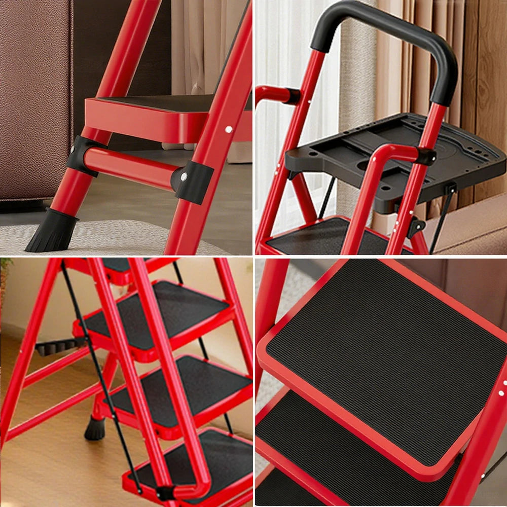 GROVIA 4/5/6 Step Carbon Steel Folding Handrail Ladder - Tool Tray, 26cm Wide Pedals, Foldable to 10cm, Anti-Slip Feet - Red