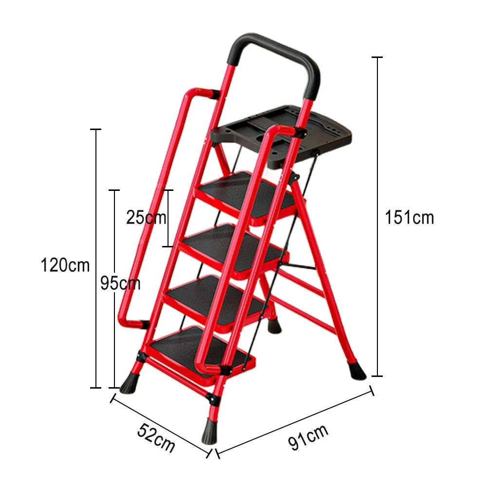 GROVIA 4/5/6 Step Carbon Steel Folding Handrail Ladder - Tool Tray, 26cm Wide Pedals, Foldable to 10cm, Anti-Slip Feet - Red