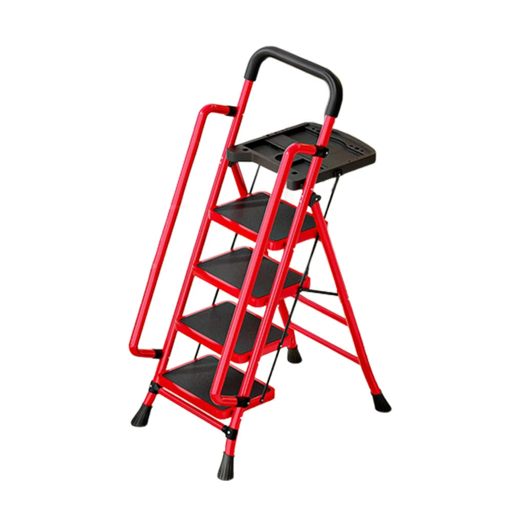 GROVIA 4/5/6 Step Carbon Steel Folding Handrail Ladder - Tool Tray, 26cm Wide Pedals, Foldable to 10cm, Anti-Slip Feet - Red