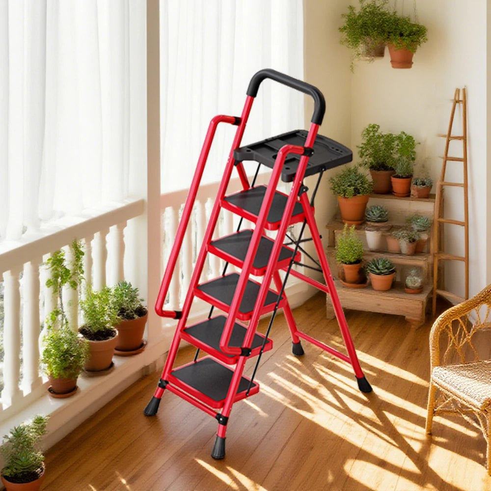 GROVIA 4/5/6 Step Carbon Steel Folding Handrail Ladder - Tool Tray, 26cm Wide Pedals, Foldable to 10cm, Anti-Slip Feet - Red