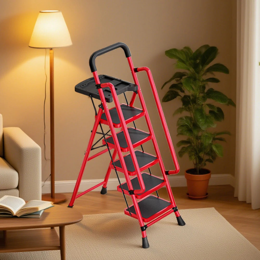GROVIA 4/5/6 Step Carbon Steel Folding Handrail Ladder - Tool Tray, 26cm Wide Pedals, Foldable to 10cm, Anti-Slip Feet - Red