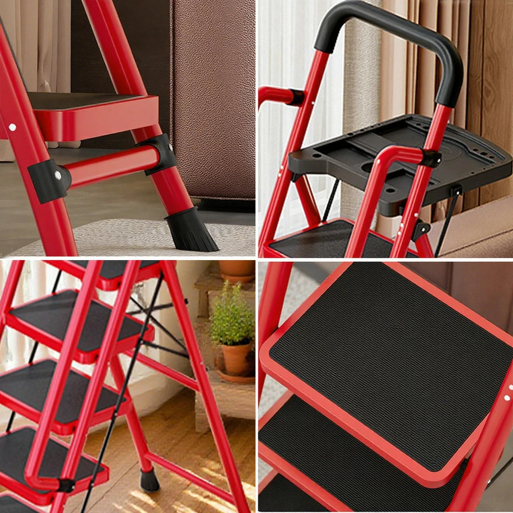 GROVIA 4/5/6 Step Carbon Steel Folding Handrail Ladder - Tool Tray, 26cm Wide Pedals, Foldable to 10cm, Anti-Slip Feet - Red
