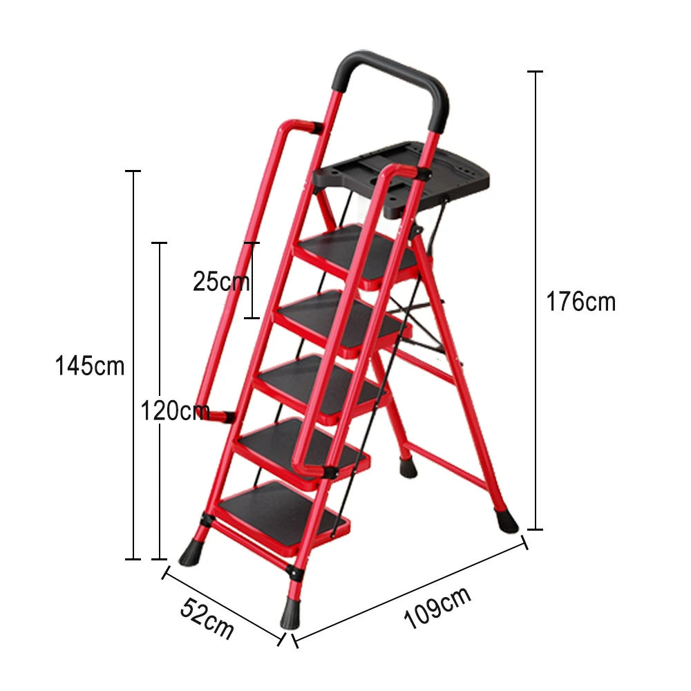GROVIA 4/5/6 Step Carbon Steel Folding Handrail Ladder - Tool Tray, 26cm Wide Pedals, Foldable to 10cm, Anti-Slip Feet - Red