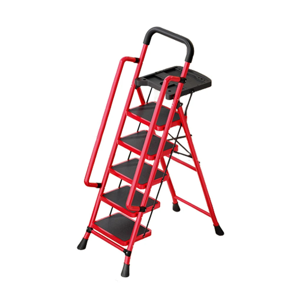 GROVIA 4/5/6 Step Carbon Steel Folding Handrail Ladder - Tool Tray, 26cm Wide Pedals, Foldable to 10cm, Anti-Slip Feet - Red