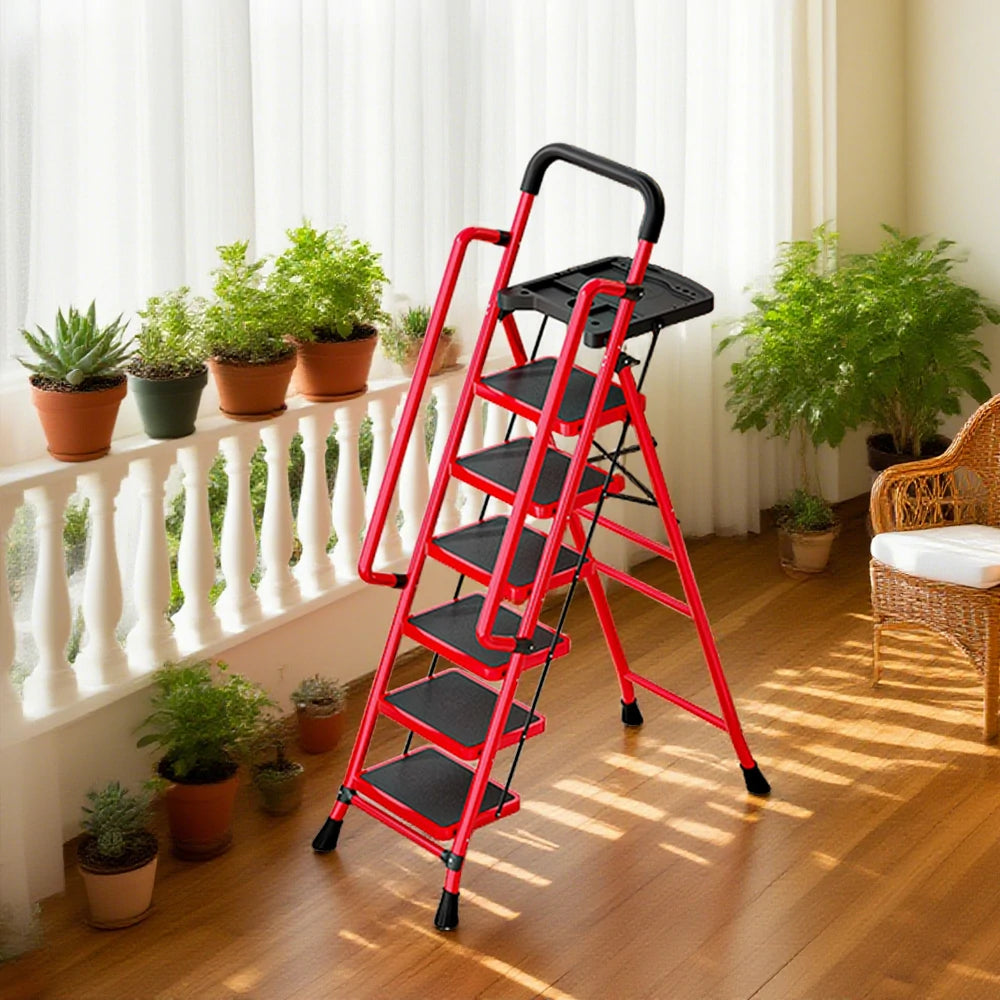 GROVIA 4/5/6 Step Carbon Steel Folding Handrail Ladder - Tool Tray, 26cm Wide Pedals, Foldable to 10cm, Anti-Slip Feet - Red