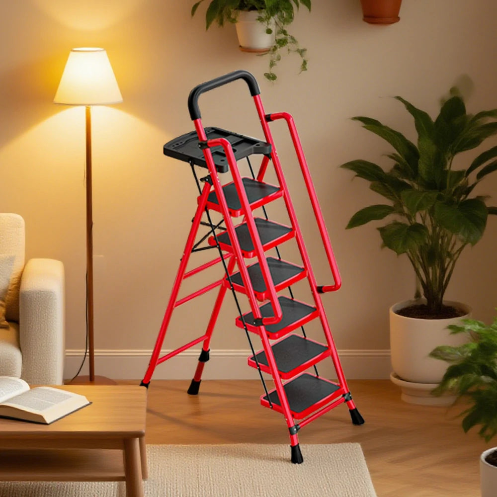 GROVIA 4/5/6 Step Carbon Steel Folding Handrail Ladder - Tool Tray, 26cm Wide Pedals, Foldable to 10cm, Anti-Slip Feet - Red