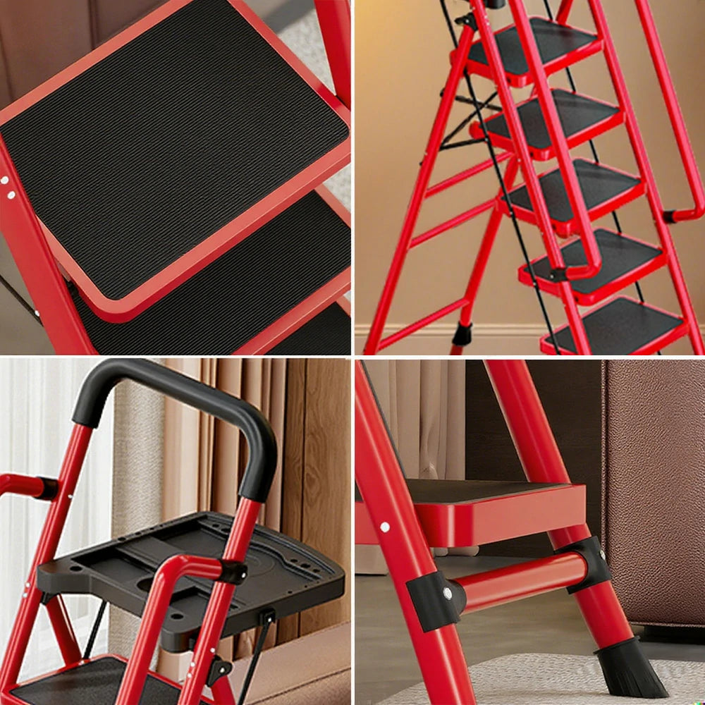 GROVIA 4/5/6 Step Carbon Steel Folding Handrail Ladder - Tool Tray, 26cm Wide Pedals, Foldable to 10cm, Anti-Slip Feet - Red