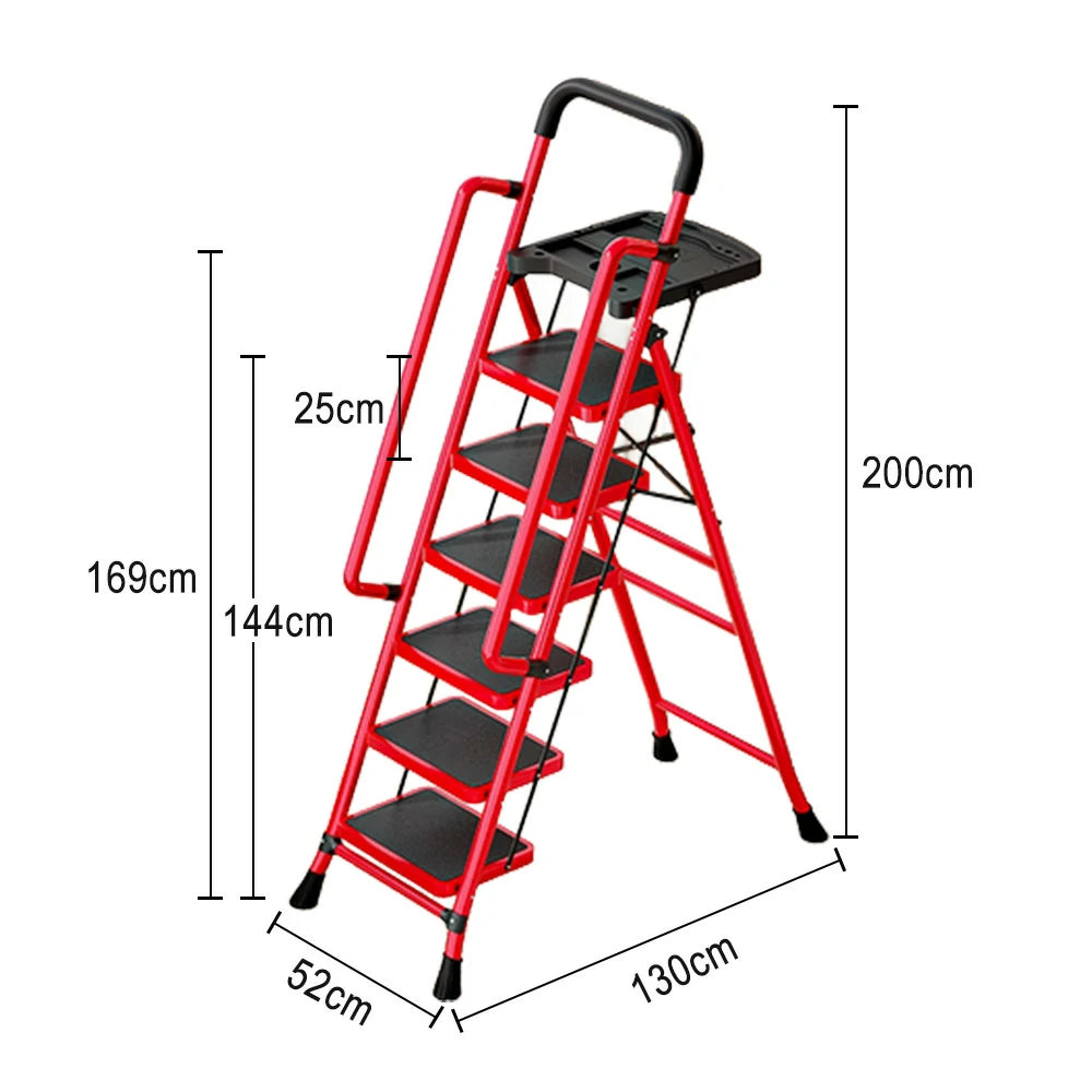 GROVIA 4/5/6 Step Carbon Steel Folding Handrail Ladder - Tool Tray, 26cm Wide Pedals, Foldable to 10cm, Anti-Slip Feet - Red
