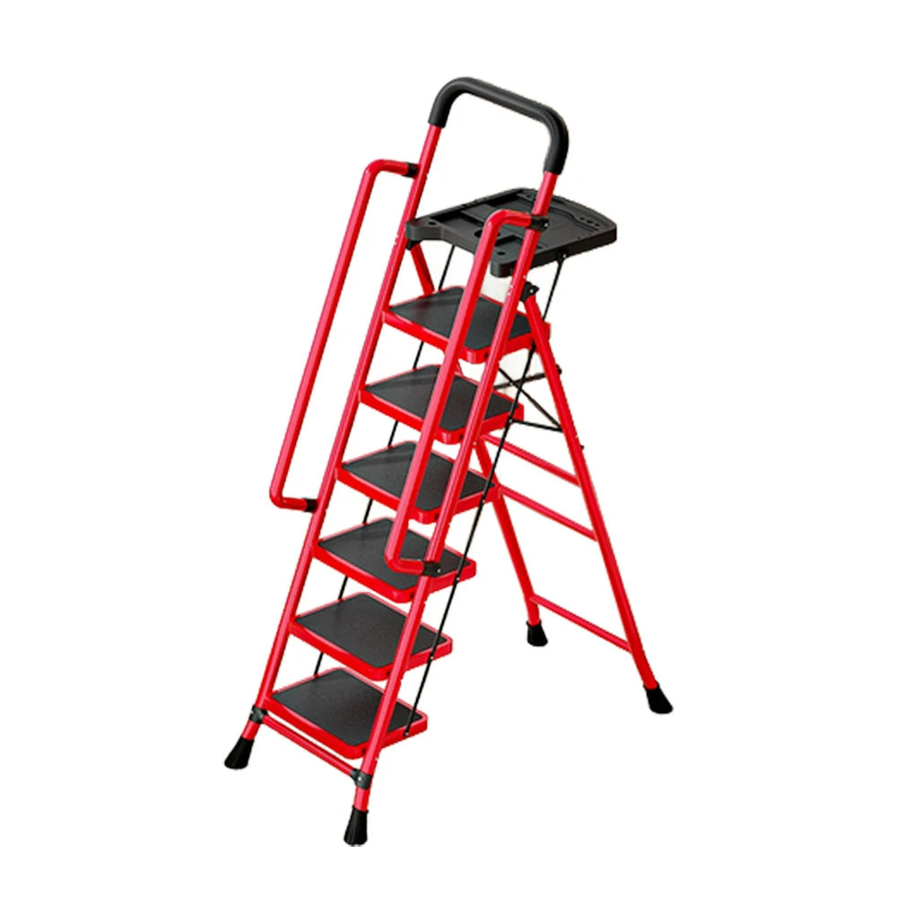 GROVIA 4/5/6 Step Carbon Steel Folding Handrail Ladder - Tool Tray, 26cm Wide Pedals, Foldable to 10cm, Anti-Slip Feet - Red