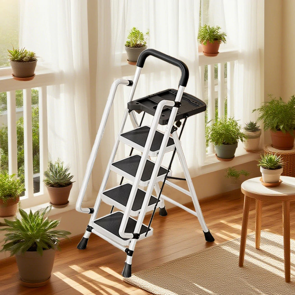 GROVIA 4/5/6 Step Carbon Steel Folding Handrail Ladder - Tool Tray, 26cm Wide Pedals, Foldable to 10cm, Anti-Slip Feet - White