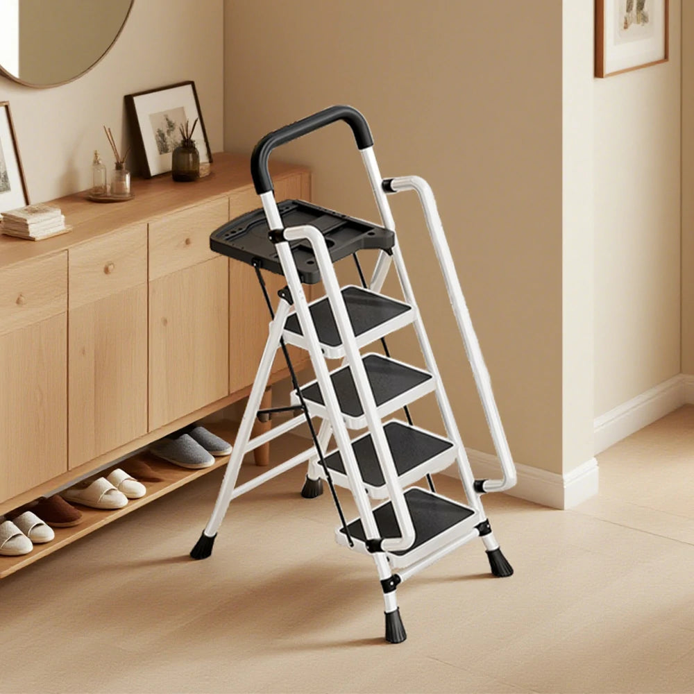 GROVIA 4/5/6 Step Carbon Steel Folding Handrail Ladder - Tool Tray, 26cm Wide Pedals, Foldable to 10cm, Anti-Slip Feet - White