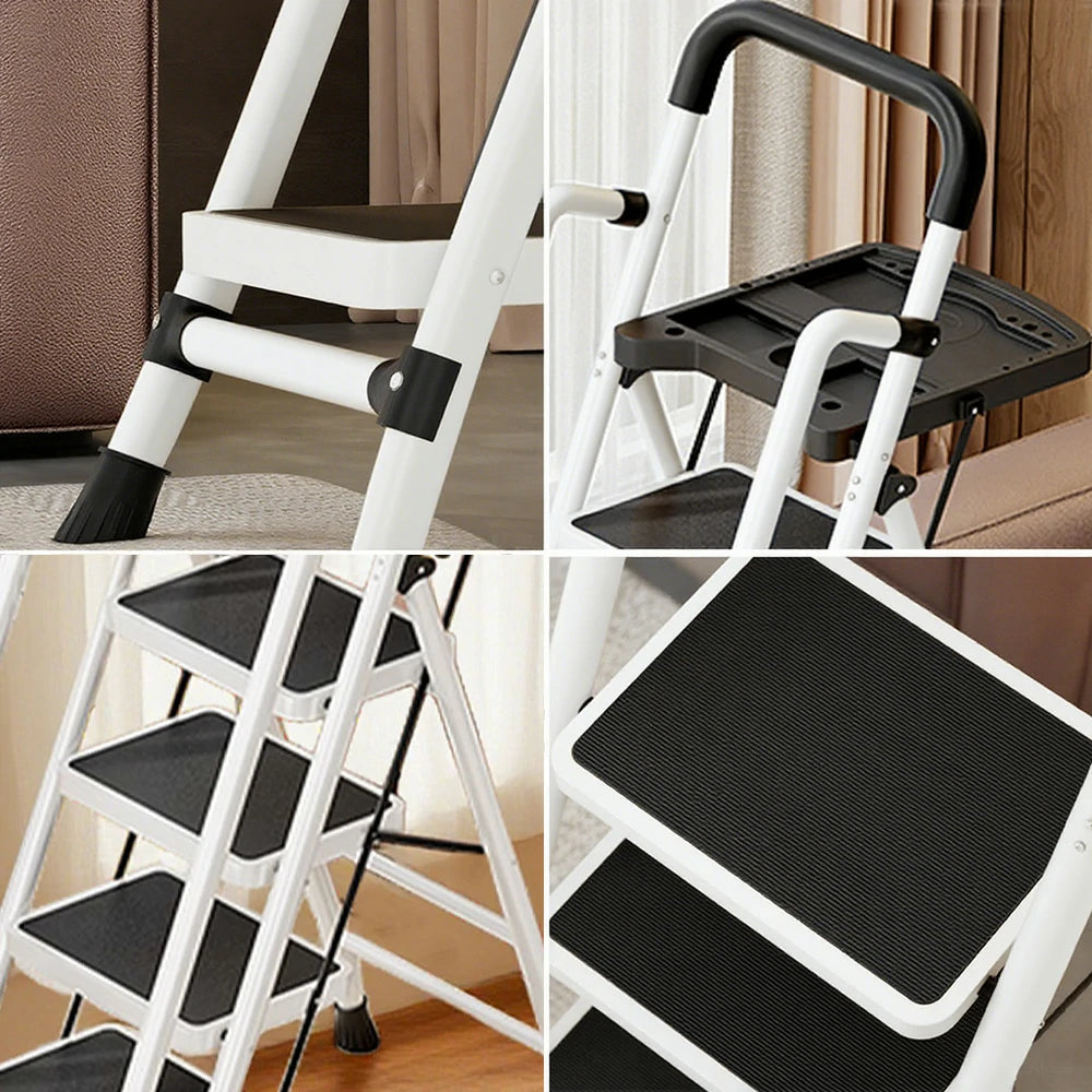 GROVIA 4/5/6 Step Carbon Steel Folding Handrail Ladder - Tool Tray, 26cm Wide Pedals, Foldable to 10cm, Anti-Slip Feet - White