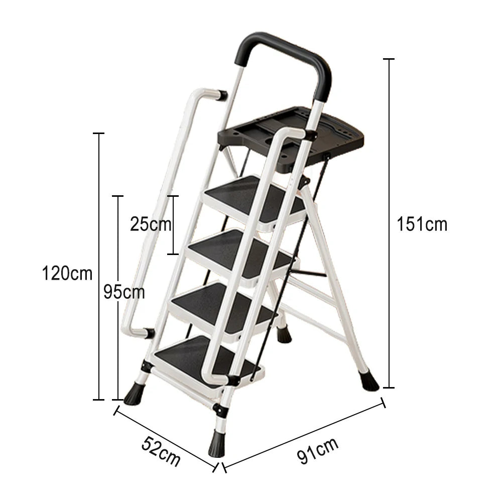 GROVIA 4/5/6 Step Carbon Steel Folding Handrail Ladder - Tool Tray, 26cm Wide Pedals, Foldable to 10cm, Anti-Slip Feet - White
