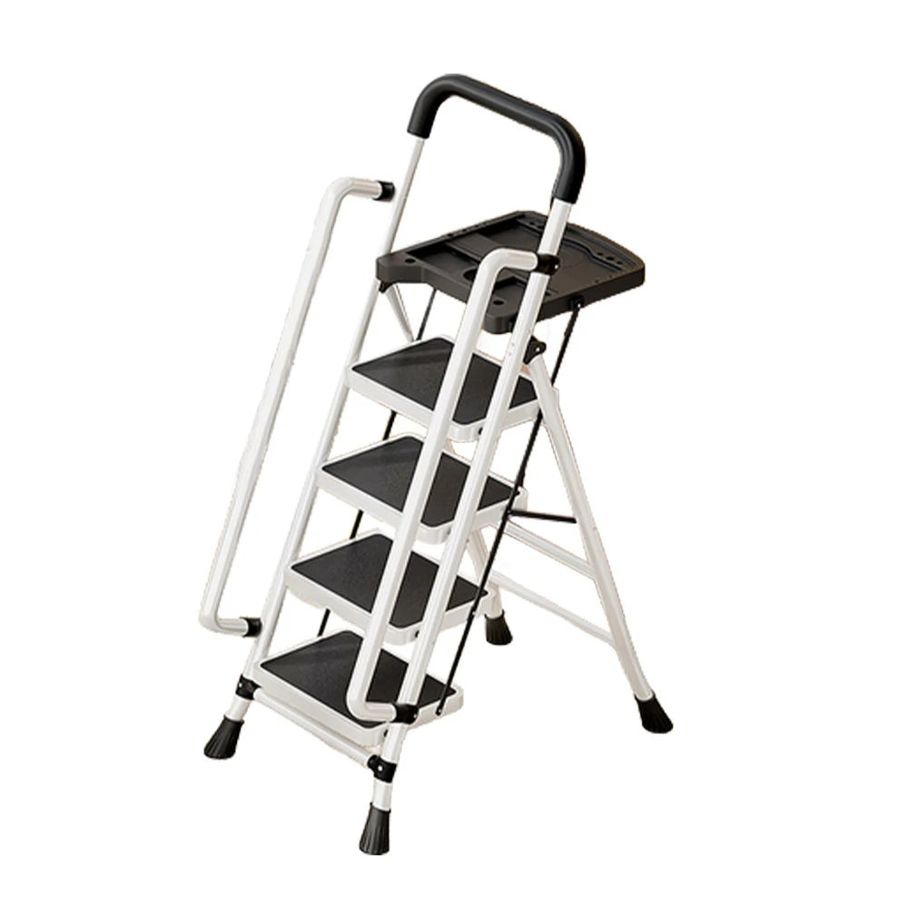 GROVIA 4/5/6 Step Carbon Steel Folding Handrail Ladder - Tool Tray, 26cm Wide Pedals, Foldable to 10cm, Anti-Slip Feet - White