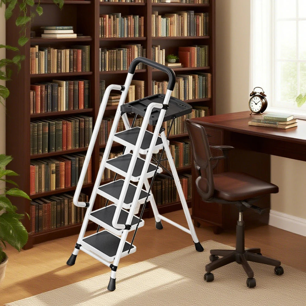 GROVIA 4/5/6 Step Carbon Steel Folding Handrail Ladder - Tool Tray, 26cm Wide Pedals, Foldable to 10cm, Anti-Slip Feet - White