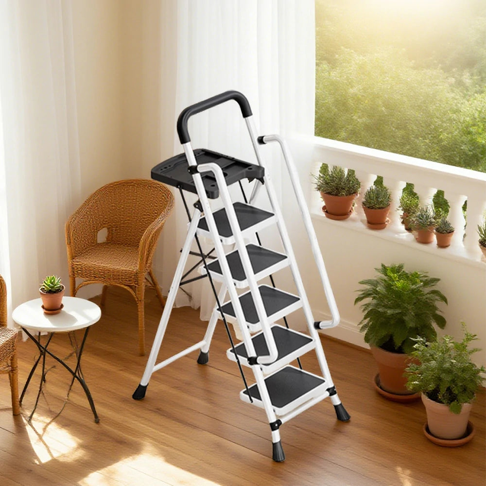 GROVIA 4/5/6 Step Carbon Steel Folding Handrail Ladder - Tool Tray, 26cm Wide Pedals, Foldable to 10cm, Anti-Slip Feet - White